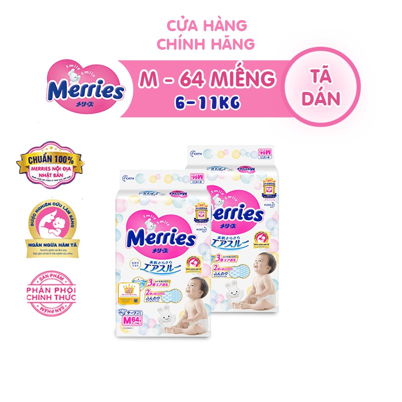 Combo 2 Tã/bỉm dán Merries size M 64 miếng (Cho bé 6 11kg)