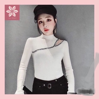 Áo len nữ cổ lỡ cutout vai chạy viền chữ thời trang thu đông