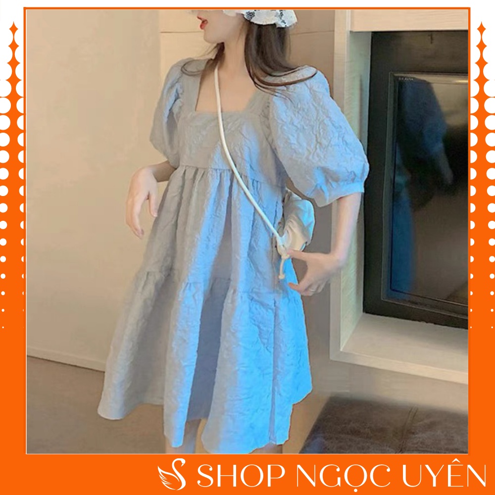 Váy babydoll đáng yêu xốp hoa cổ vuông - Đầm dự tiệc cổ vuông tay bồng màu trắng/xanh sang trọng chất xốp cao cấp giá rẻ
