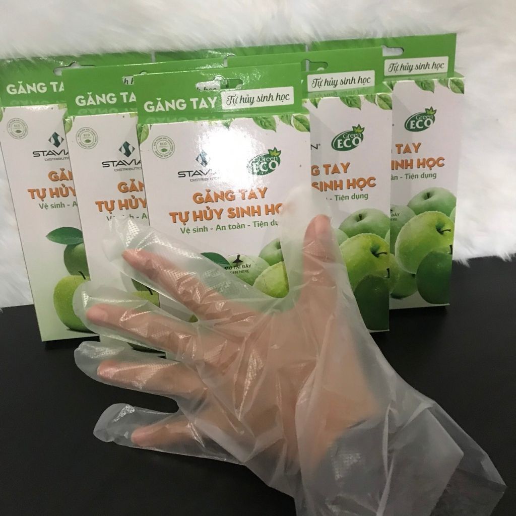 Găng tay nilon GREEN ECO găng tay tự hủy sinh học an toàn hộp bao tay nilong dùng 1 lần, ECO01