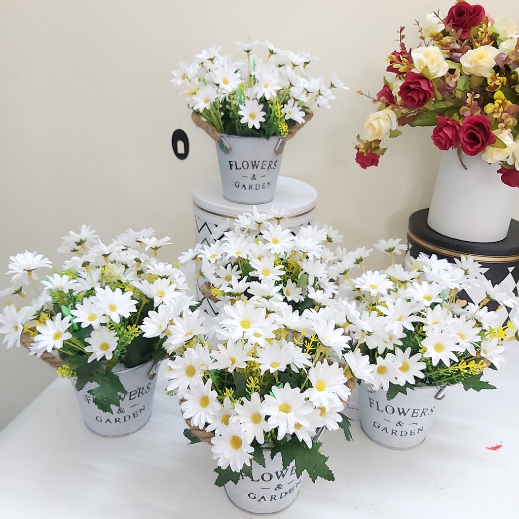 Hoa lụa, chậu hoa cúc họa mi giả trang trí phong cách vintage (được chọn màu)