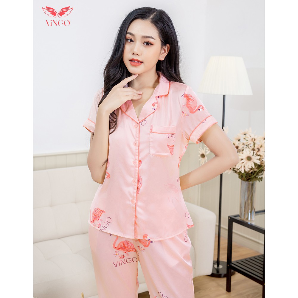 Bộ quần áo ngủ mặc nhà Lụa Pháp cao cấp kiểu Pijama tay cộc quần dài họa tiết hồng hạc H206 VNGO