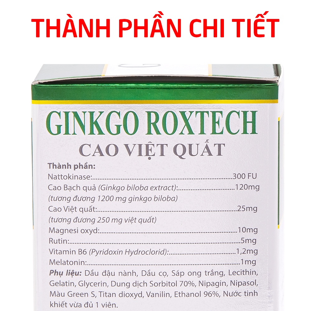 Hoạt huyết dưỡng não Ginkgo Biloba 1200mg, cao việt quất, nattokinase - 100 viên [Ginkgo Roxtech Cao Việt Quất Xanh]