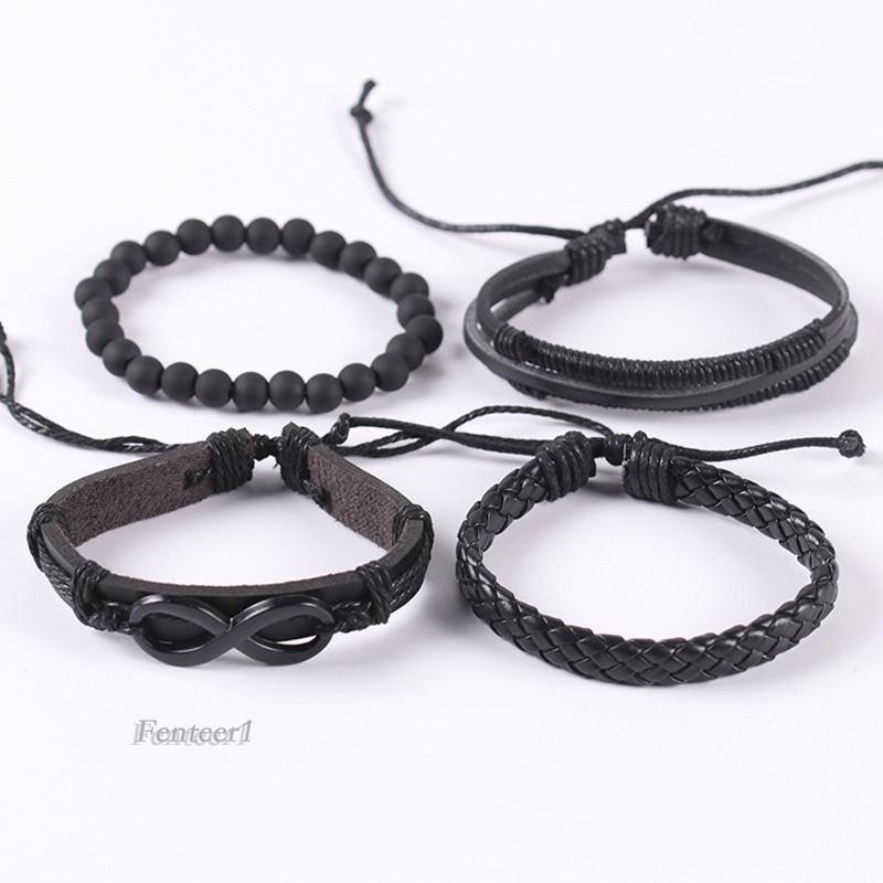 Set 4 vòng tay da bện co giãn tự nhiên cho nam và nữ