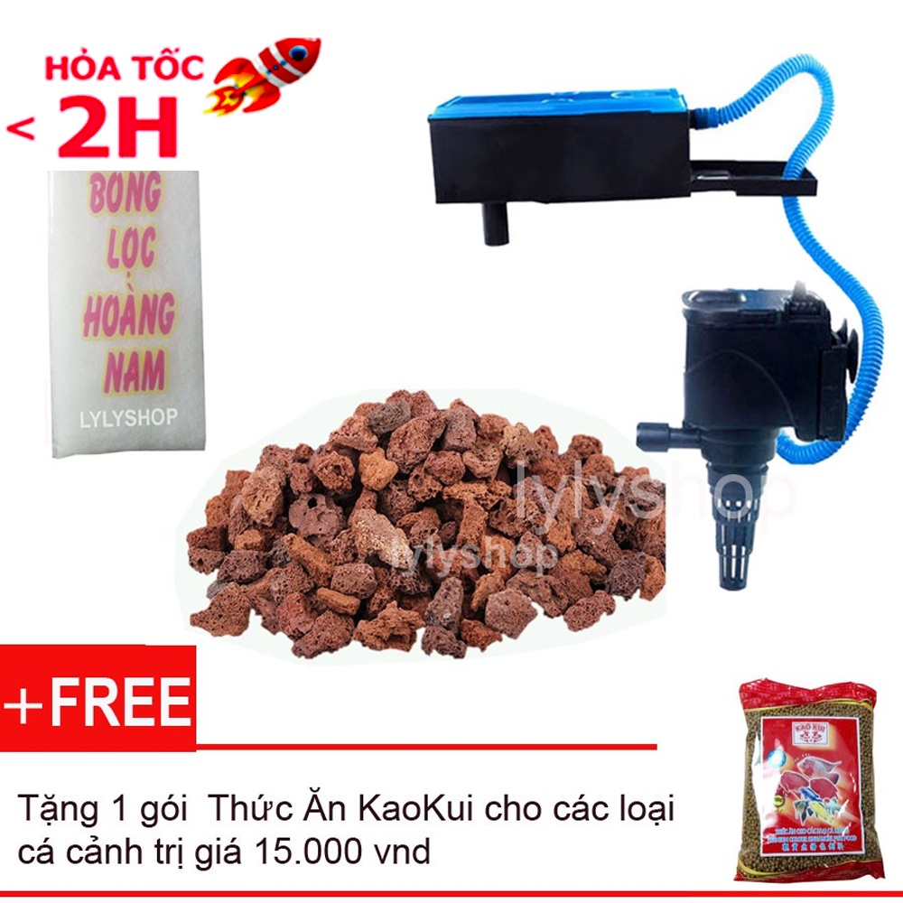 Máy lọc nước hồ cá RS 9800( 30W -2100L/H) + Bông lọc + Đá nham thạch 200gr tặng 1 gói thức ăn KAOKUI túi 100gr