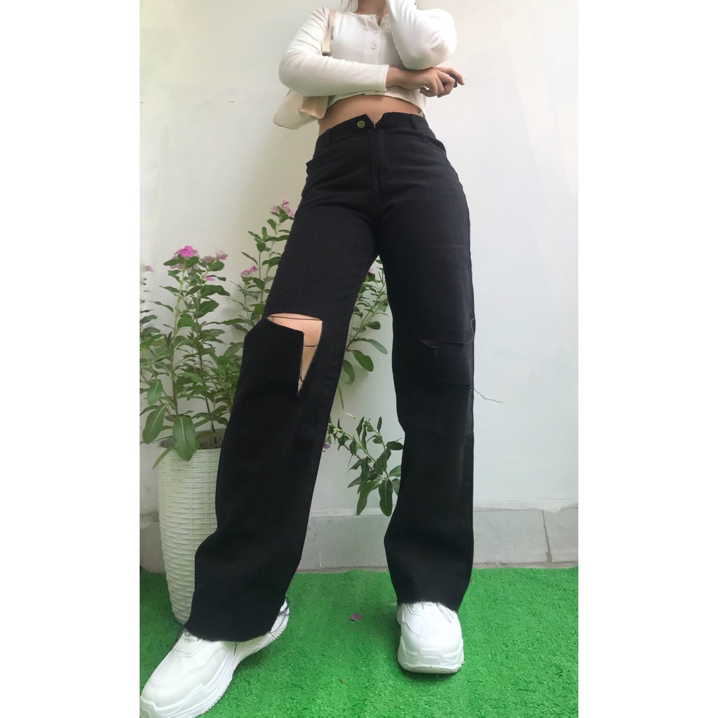 Quần Jean Nữ Lưng Cao Ống Rộng Rách Đen Và Xanh Ullzang Cực Chất - 510