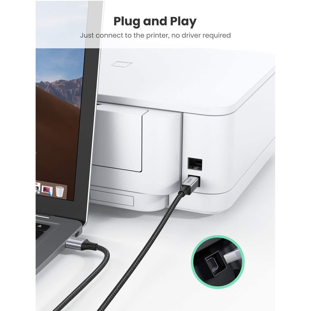 Cáp máy in USB A sang USB B sử dụng cho máy Fax, máy in... dài 1-3m UGREEN US369