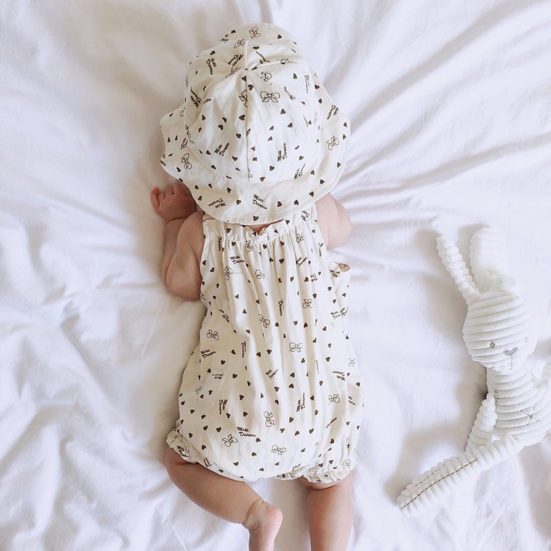 Bộ Áo Liền Quần Không Tay In Họa Tiết Dễ Thương Kèm Nón Thời Trang Mùa Hè Cho Bé Gái
