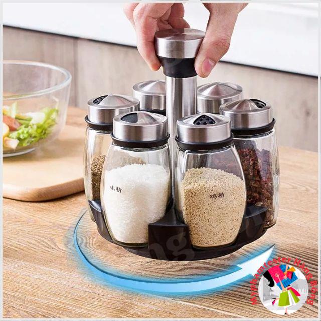 Set 6 lọ gia vị thủy tinh kèm giá đỡ xoay 360 độ
