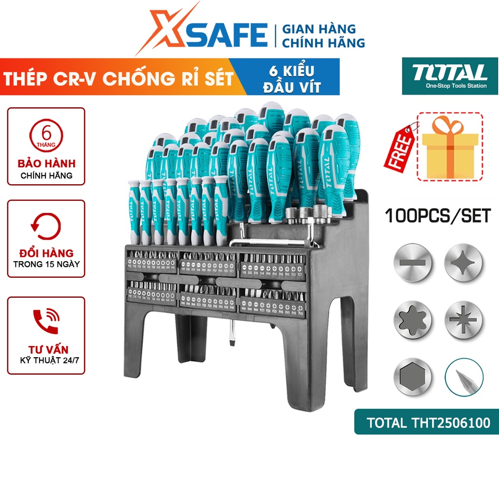 Bộ 100 tua vít TOTAL THT2506100 thép cr-v cứng chống tòe, 6 kiểu đầu vít, đầy đủ kích thước [CHÍNH HÃNG]