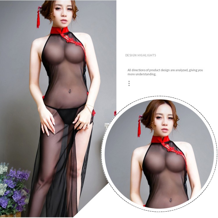 Bộ Cosplay Sườn Xám Ren Xuyên Thấu Co Giãn Ôm Body Siêu Sexy Gợi Cảm Hoạ Tiết Trung Hoa Cổ Trang QQ250