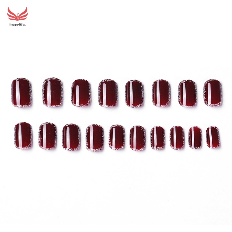 Set 24 móng tay giả màu đỏ rượu vang kiểu Pháp kèm keo dán gel thạch thời trang nghệ thuật