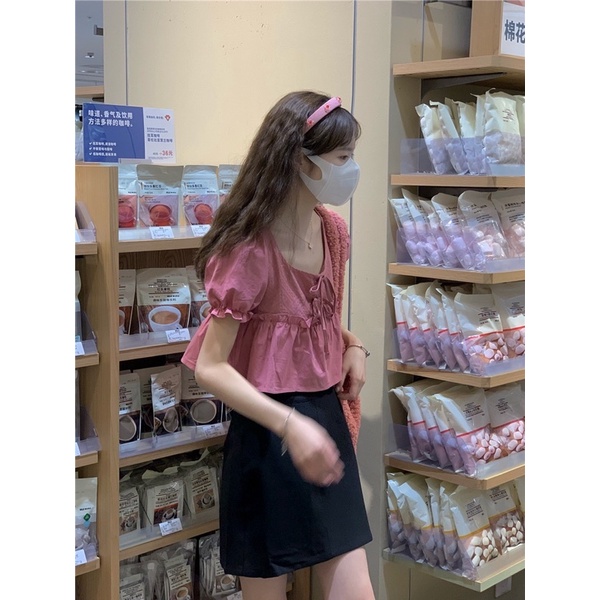 Áo crotop babydoll tay bồng thắt nơ hồng dễ thương Yannie