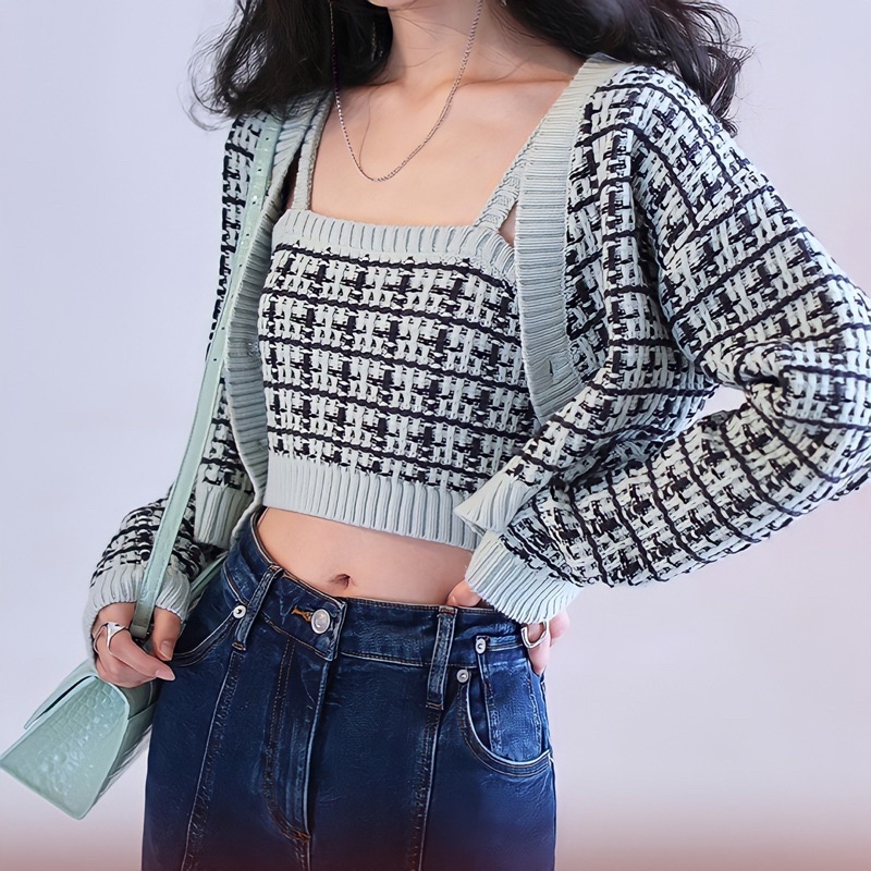 Sét Cadigan kẻ kèm Croptop hai dây