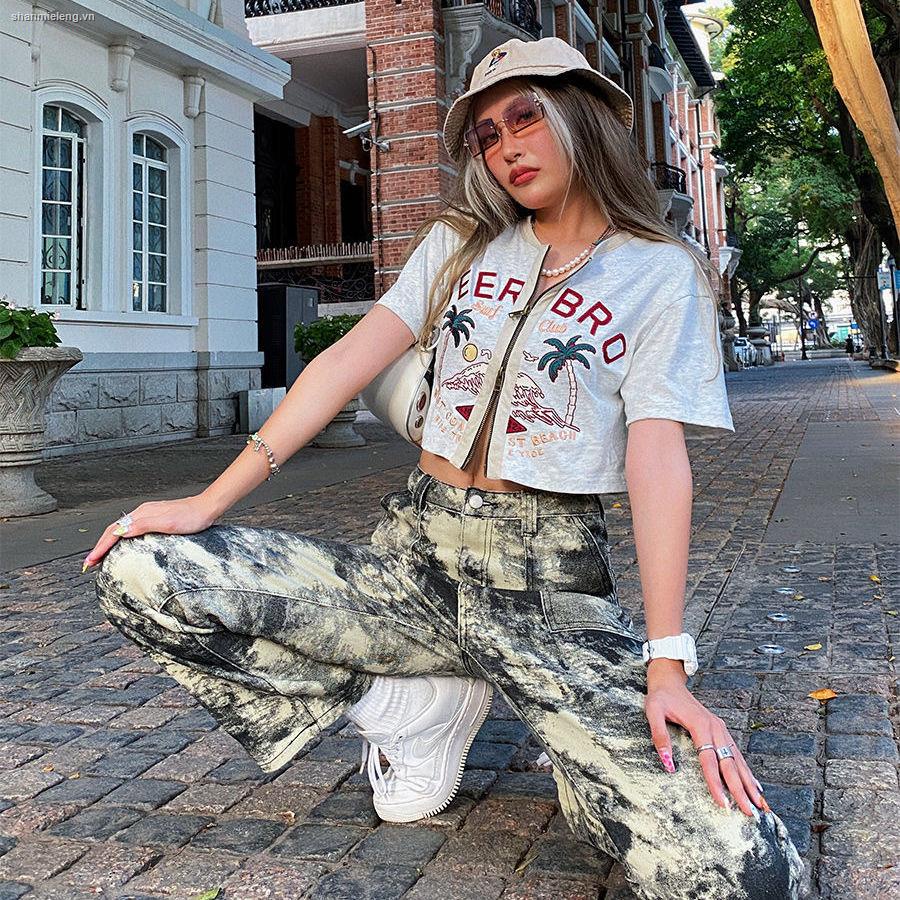 Áo thun ngắn tay thêu họa tiết phong cách hip hop đường phố Mỹ mới dành cho nữ