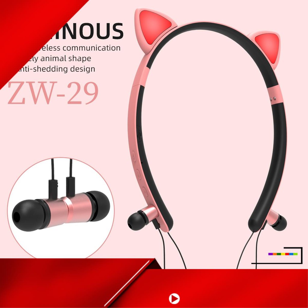 【Hàng sẵn sàng】 Tai Nghe Bluetooth Không Dây Hình Mèo Hoạt Hình Phát Sáng Zw-29
