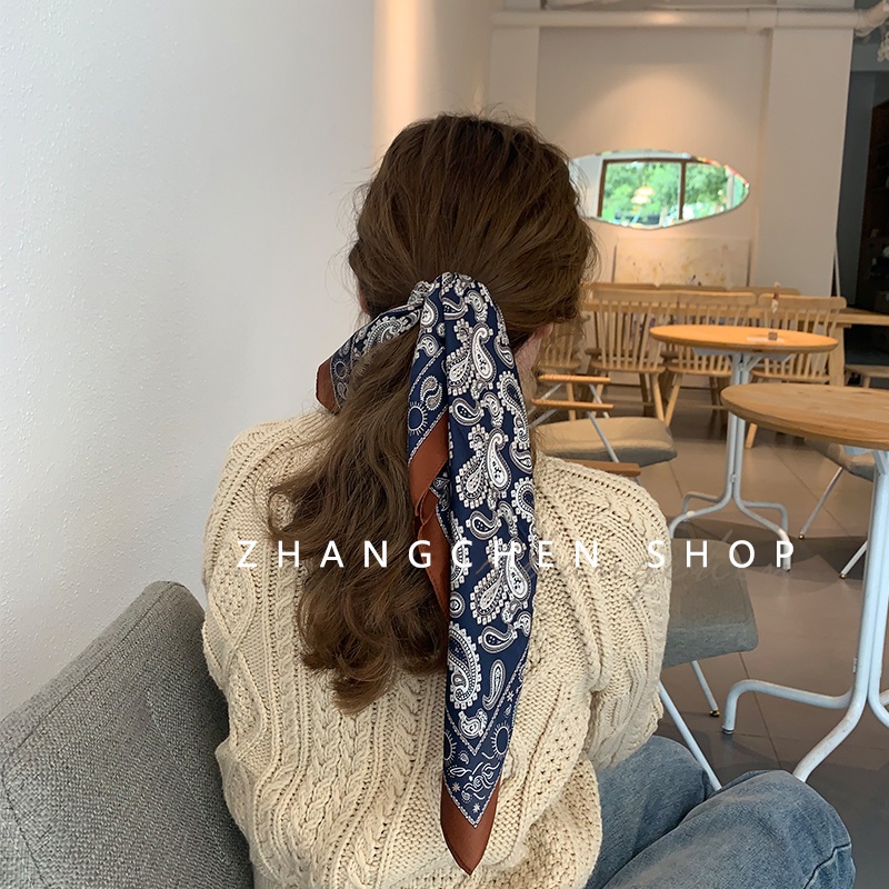 Khăn Choàng Kiêm Dây Cột Tóc Vải Lụa Dáng Vuông Nhỏ In Hoa Kiểu Retro Pháp Dễ Thương Cho Nữ