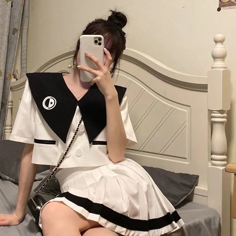 Set Áo Tay Ngắn + Chân Váy Xếp Ly Lưng Cao Phong Cách Hàn Quốc Thời Trang Mùa Hè Cho Nữ