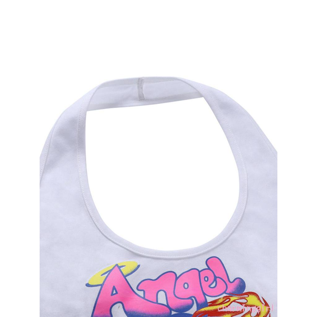 Áo lửng cổ chữ u in chữ Angel hoạt hình gợi cảm cho nữ