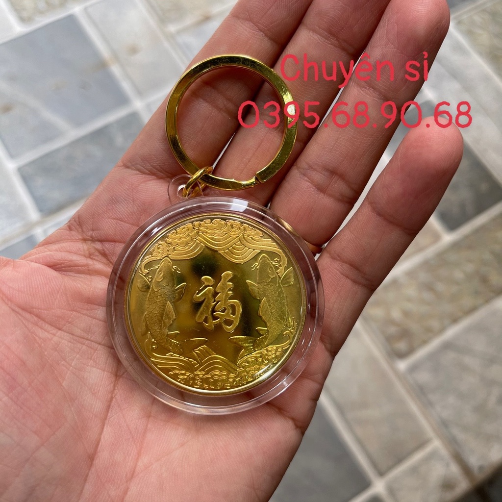 Móc Khoá Phong Thuỷ Đồng Xu Cá Chép Hoá Long May Mắn