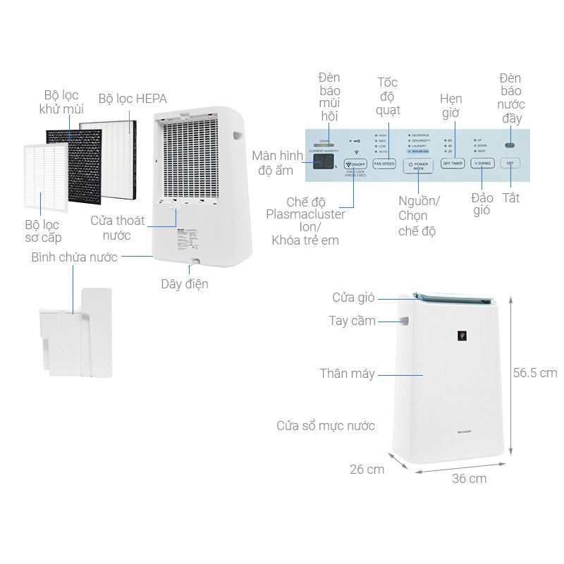 Máy lọc không khí và hút ẩm Sharp DW-E16FA-W (Hàng chính hãng, Công suất 16 lít/ngày, Diện tích 38m2, Bảo hành 12 tháng)