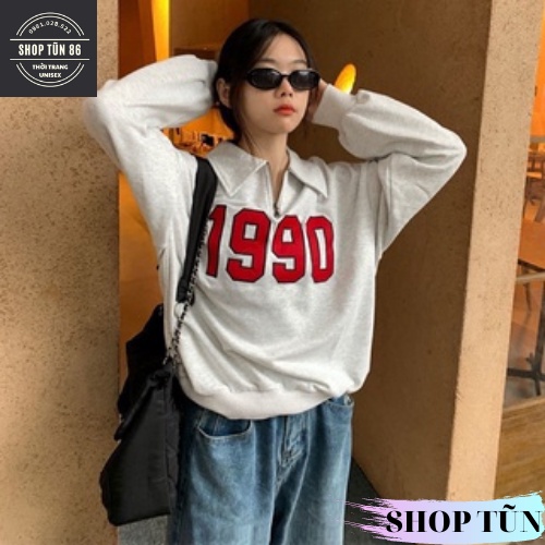 Áo sweater polo dài tay unisex dưới 80kg chất thun SHOP TŨN - Áo polo dài tay phối khóa cổ 1990