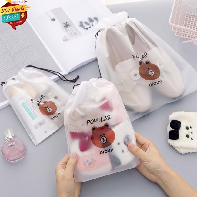 Túi Dây Rút Họa Tiết Gấu Nâu Hoạt Hình Đựng Mỹ Phẩm Trang Sức Du Lịch