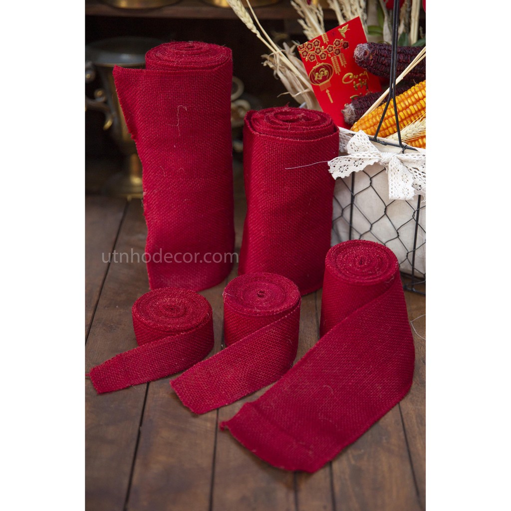 Ruy băng vải bố thô đỏ trơn chiều dài cuộn 5 mét
