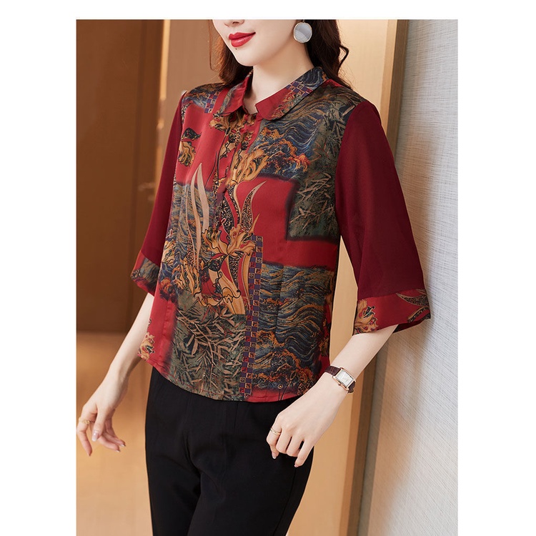 Áo Thun Tay Ngắn Cổ Gập In Họa Tiết Thời Trang Cho Phụ Nữ Trung Niên