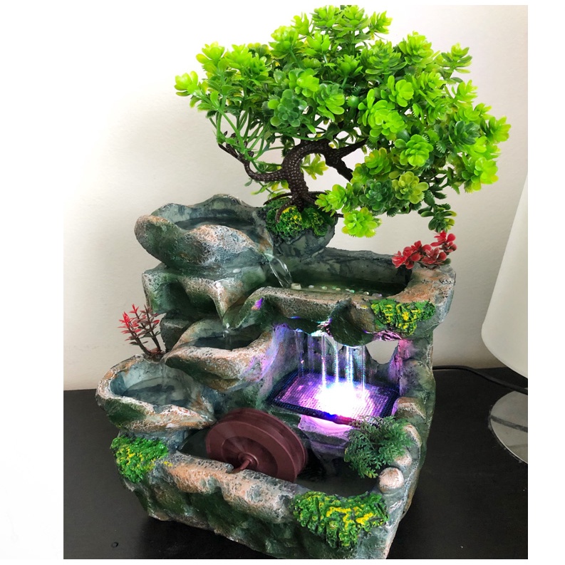 Đài phun nước phong thủy mới để bàn trong nhà Bàn non bộ Thác nước với đèn LED ánh sáng 7 màu Thủ công mỹ nghệ cho trang