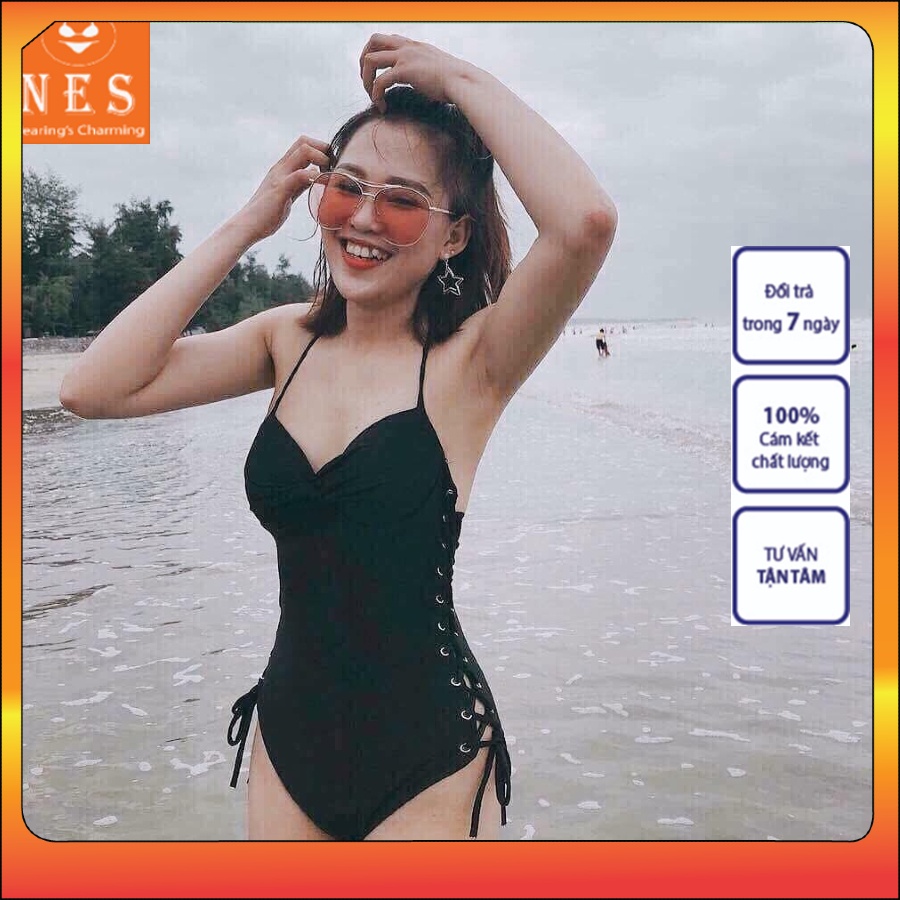 Bikini Bộ Đồ Bơi Nữ NES 1 Mảnh Dây Rút Eo Đen Quyến Rũ Kín Đáo Tôn Dáng Freesize (40-55 Kg) Thun Lạnh Co Giãn 4 Chiều