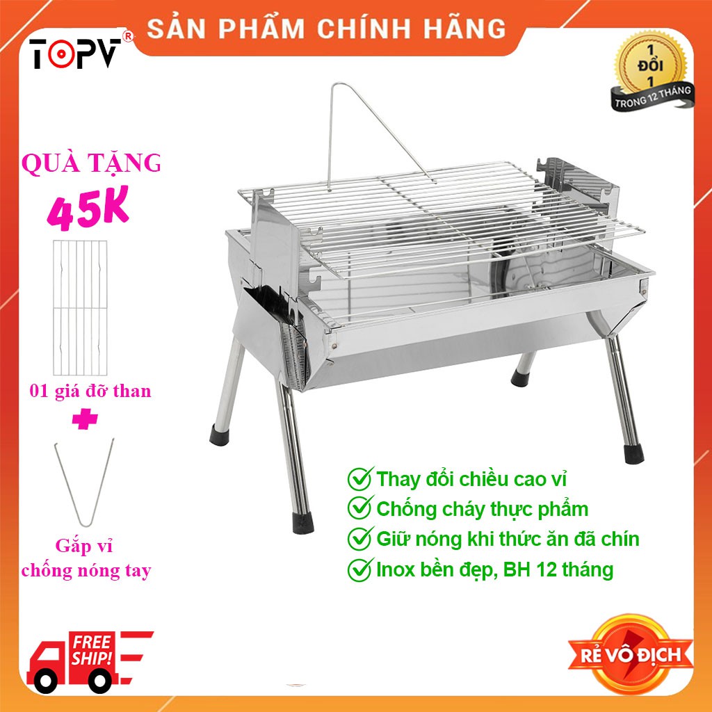 Bếp nướng than hoa TopV VCS thay đổi chiều cao vỉ, Bếp nướng than hoa không khói, nướng ngoài trời, lò nướng than inox