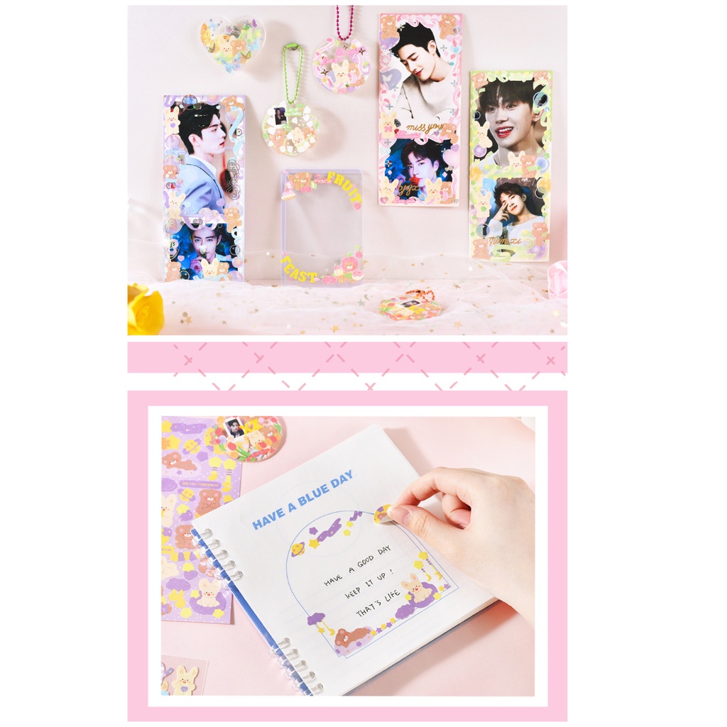 Stickers - Tờ Sticker AGUGU Gấu Ribbon & Flowers Trang Trí Polcols/ Toploader