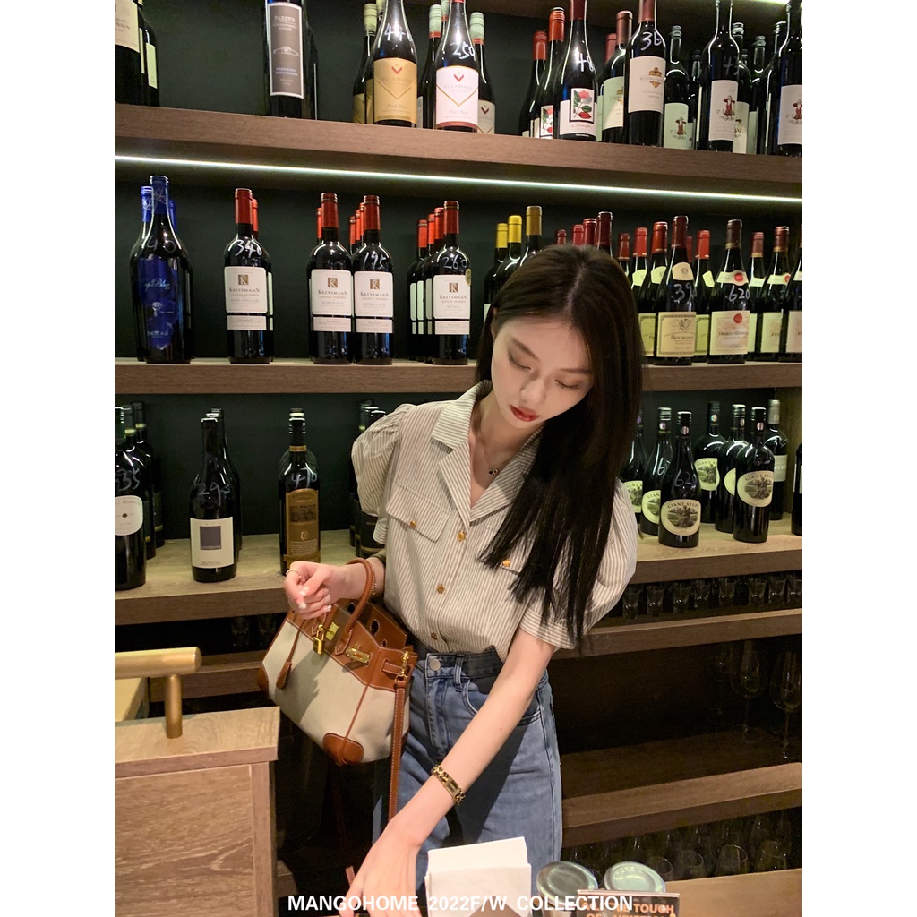 Áo Sơ Mi Kẻ Sọc Tay Ngắn Phồng Phong Cách Pháp Thời Trang Mùa Xuân Dành Cho Nữ 2022