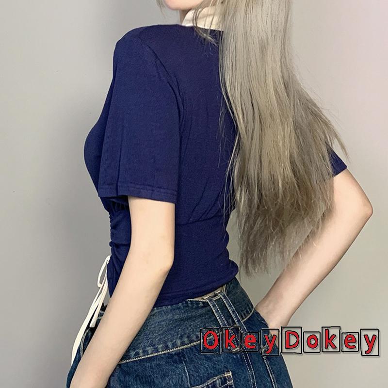 Áo Thun Crop Top Cổ Chữ V In Chữ Phối Dây Rút Thời Trang Cho Nữ