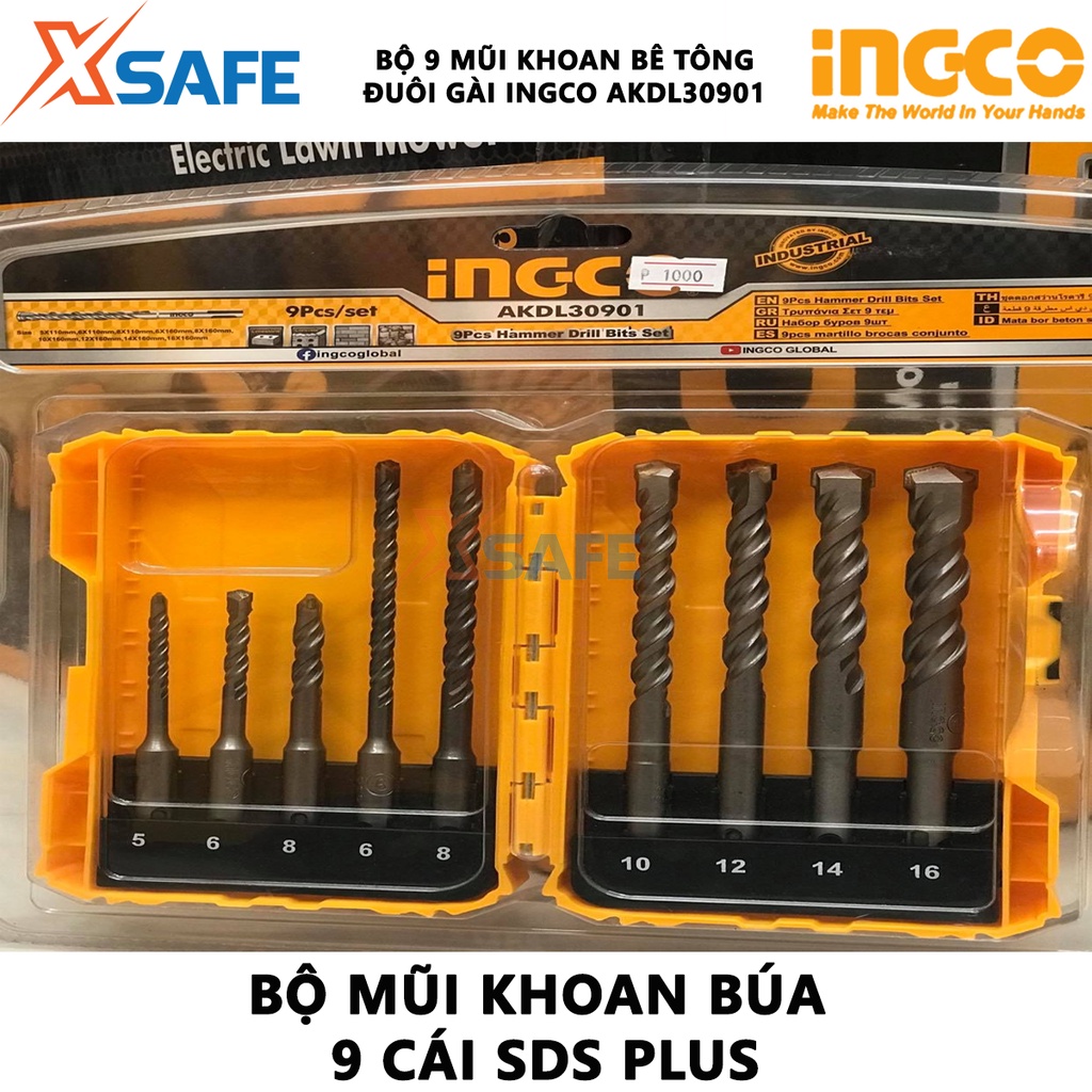 Bộ 9 mũi khoan bê tông đuôi gài INGCO AKDL30901 Bộ mũi khoan 9 chi tiết SDS Plus, đóng gói bằng vỉ kép