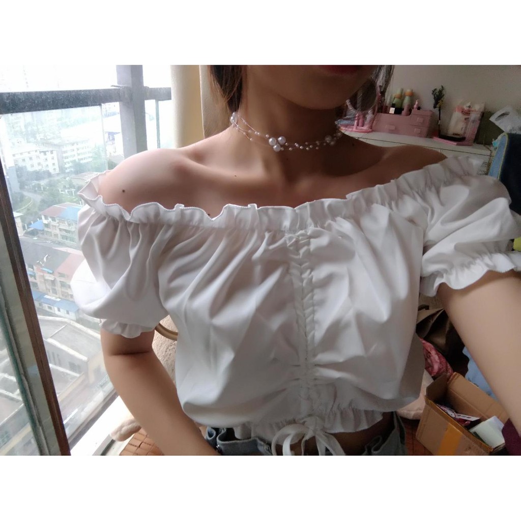 Áo Croptop Trễ Vai Thiết Kế Dây Rút Nữ Tính Ngọt Ngào