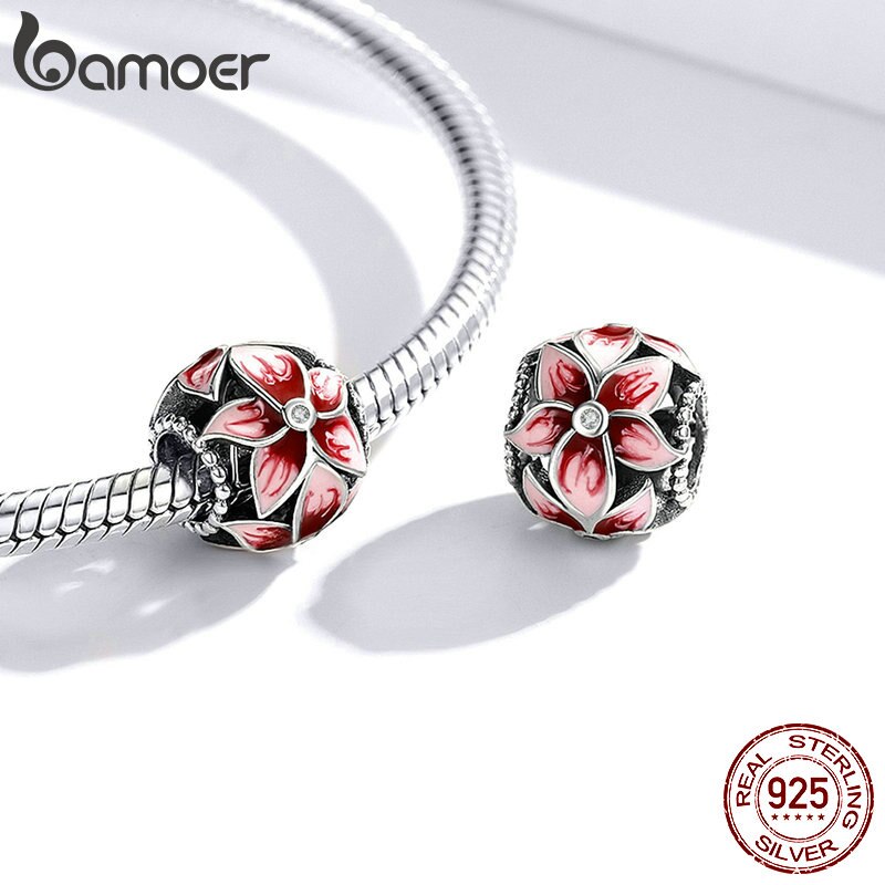 Mặt trang sức bamoer SCC1707 hình hoa anh đào 3mm bằng bạc thật 925 dùng làm vòng tay độc đáo