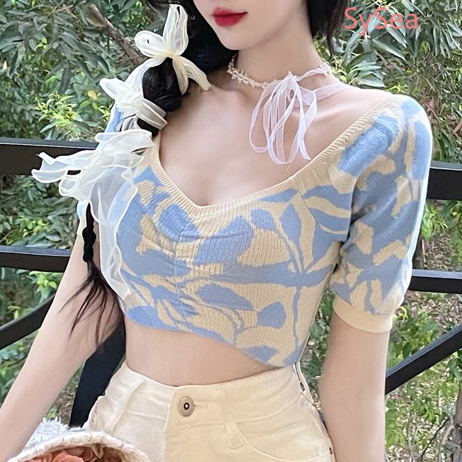 Áo Croptop Dệt Kim Cổ Chữ V Thiết Kế Xếp Ly Thời Trang Mùa Hè Quyến Rũ Cho Nữ