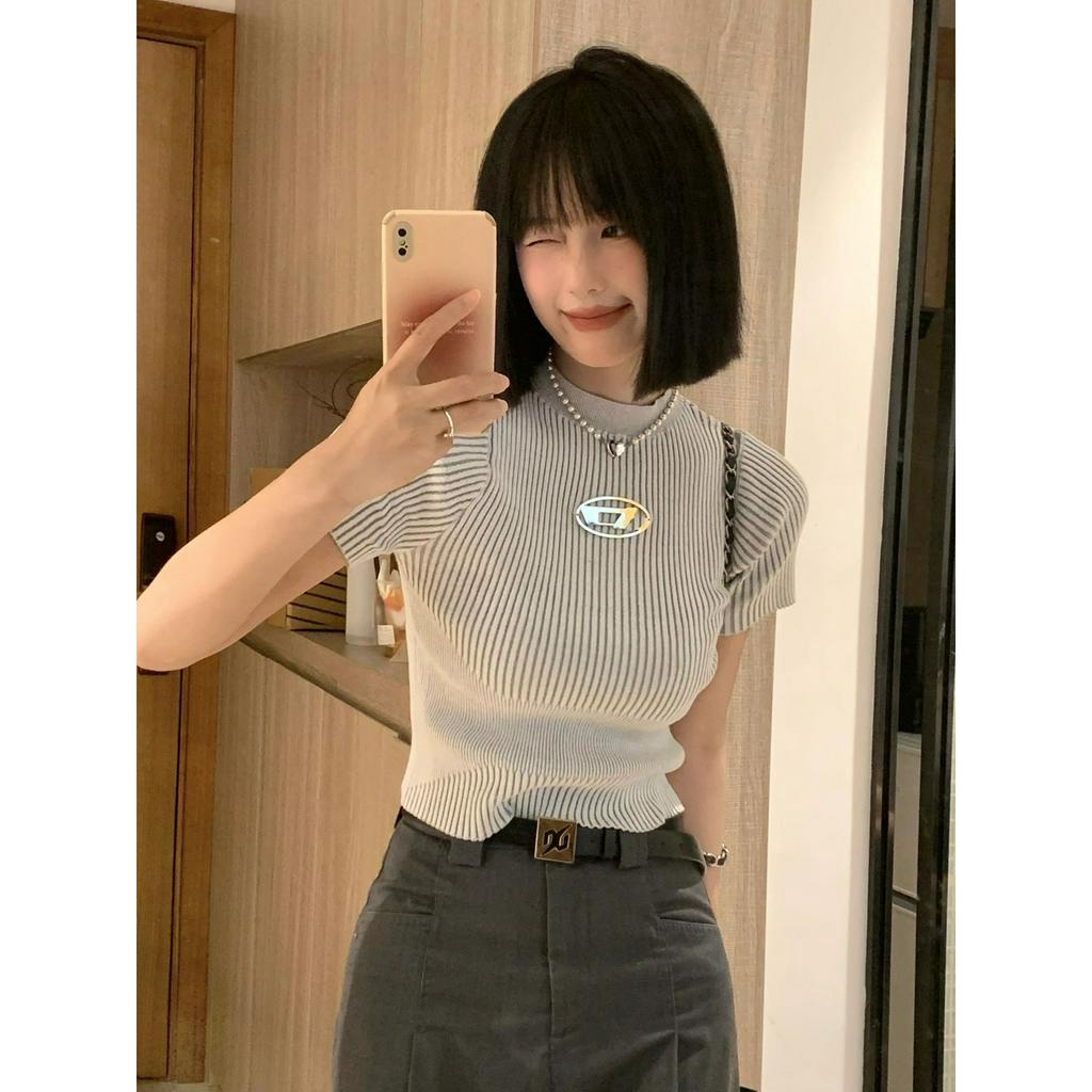 Áo Thun Dệt Kim Mỏng Tay Ngắn Cổ Cao In Họa Tiết Thời Trang Hàn Quốc Cho Nữ