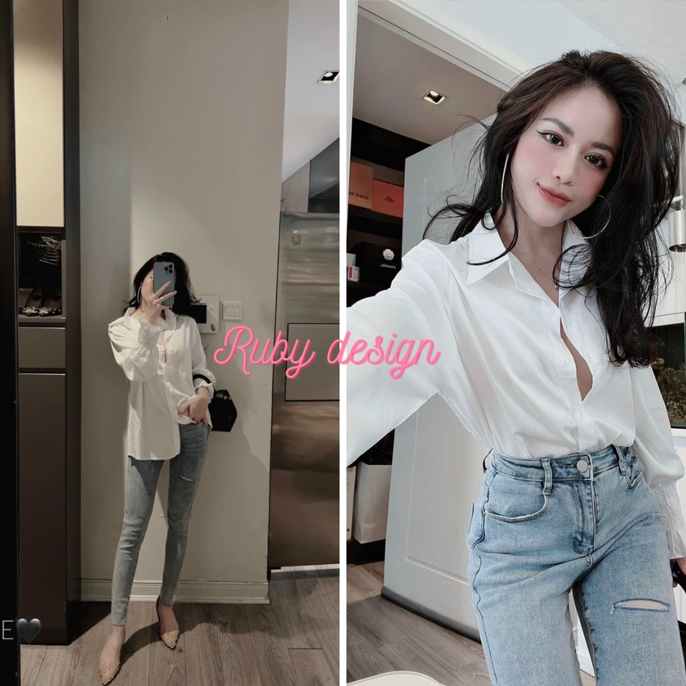 Áo sơ mi kiểu nữ áo sơ mi nữ tay chun màu trắng tay dài vải thô lụa mềm phong cách Hàn quốc Ruby Design