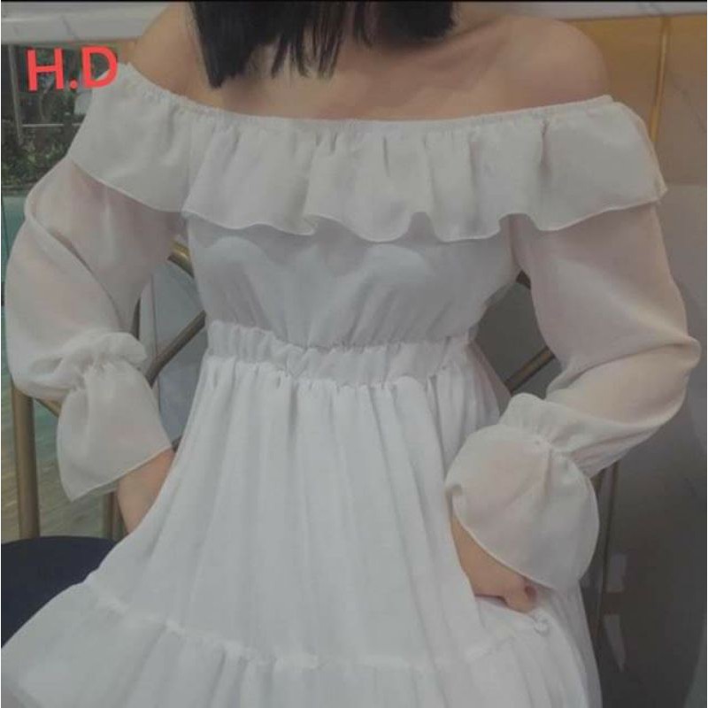 Váy trắng, đầm nữ, váy trễ vai tay bo diện tết chất thô mềm hàng 2 lớp có lót trong | BigBuy360 - bigbuy360.vn