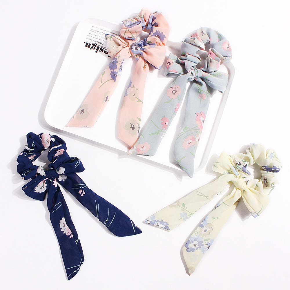 MOILY Sweet Bow Streamers Hair Ring Fashion Floral Print Ribbon Scrunchie Elastic Horsetail Headbands