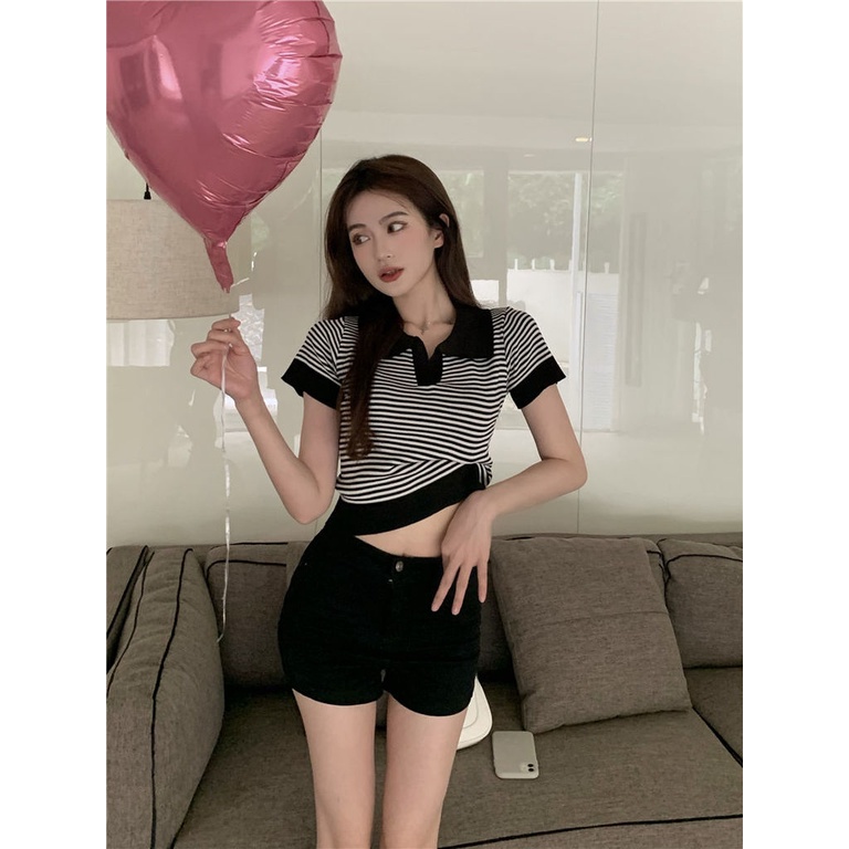 Áo polo Ngắn Tay Cổ Chữ V Họa Tiết Kẻ Sọc Thời Trang Mùa Hè Dành Cho Nữ