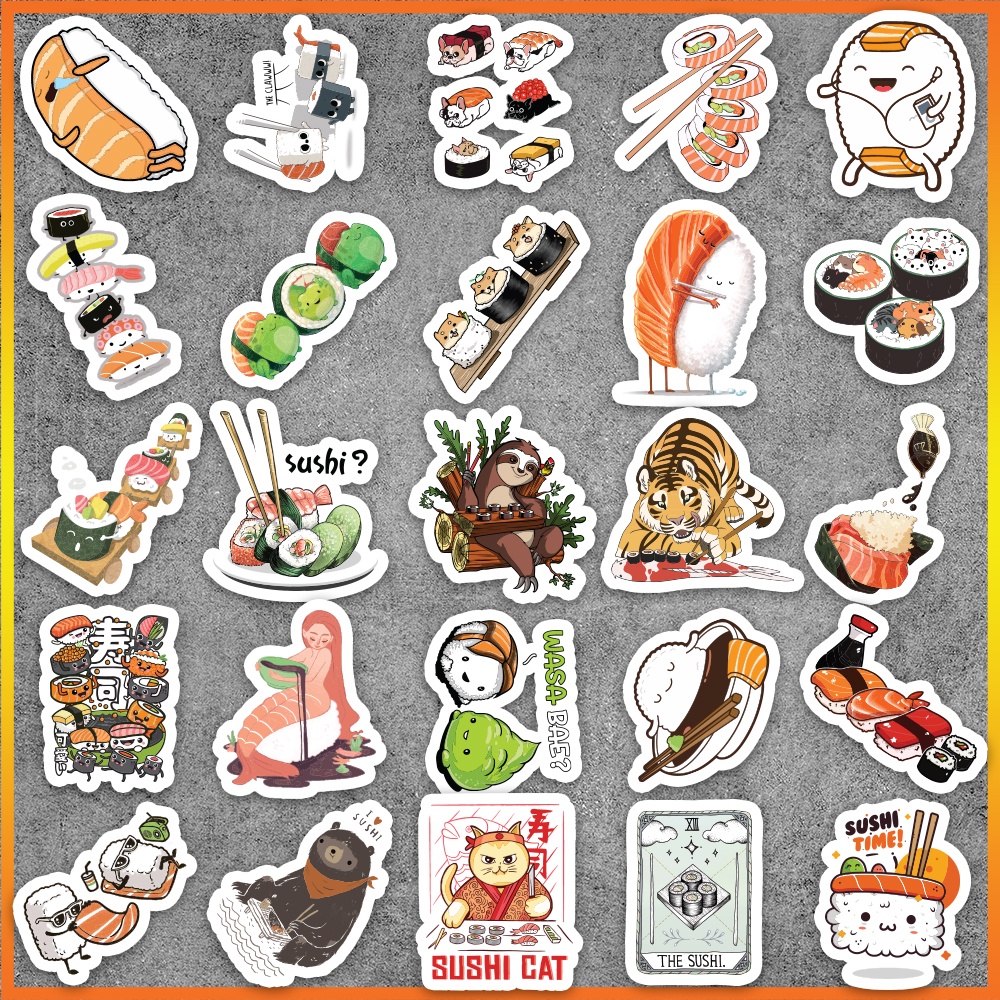 Set 50 cái Sticker Sushi, Hình Dán Sushi Chống Nước, Decal Sushi Cute dán mũ bảo hiểm, vali, latop