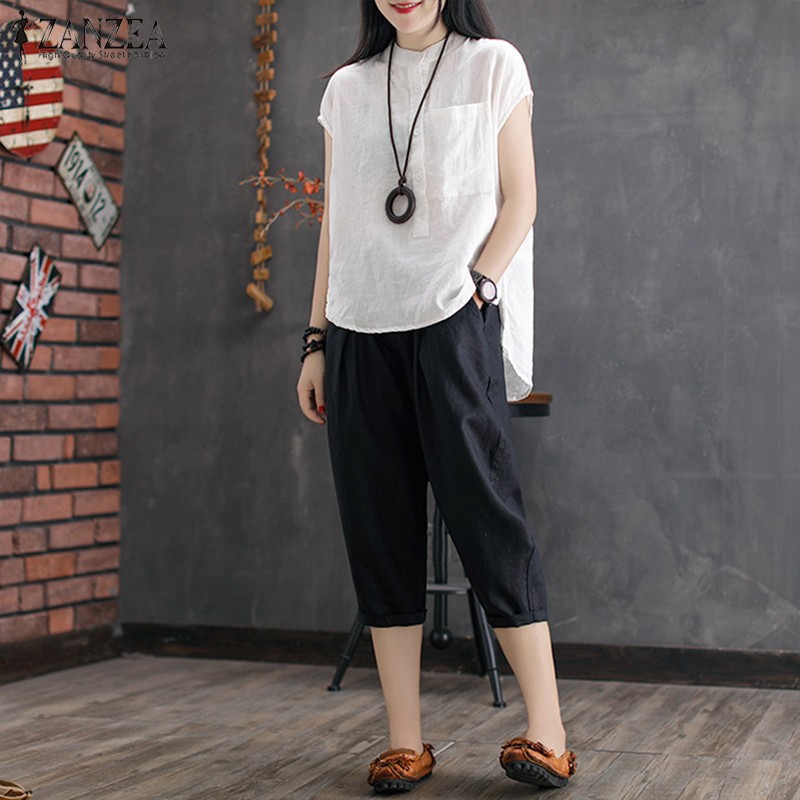 ZANZEA Áo tay ngắn cổ tròn chất liệu cotton thiết kế màu trơn trẻ trung mặc hàng ngày