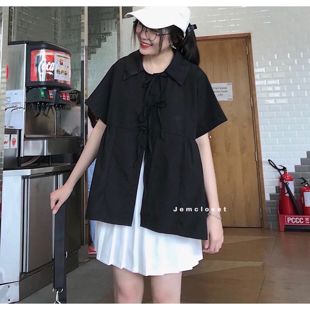 ÁO BABYDOLL TRẮNG BUỘC DÂY NƠ NGỰC - ÁO SƠMI CỔ BẺ TAY LỠ THẮT NƠ ĐEN TRẮNG