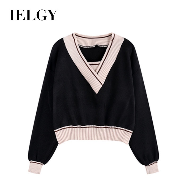 Áo sweater IELGY tay dài cổ chữ V phong cách phương tây cổ điển