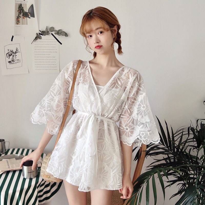 Hàng nhập - Jumpsuit short ngắn ren hoa, bộ jum đồ bay tay ngắn - E18