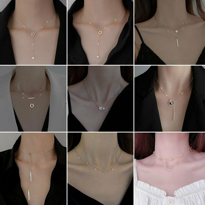 Vòng cổ Mạ Bạc 925 Mặt Hình Ngôi Sao / Trái Tim Đính Đá Zircon Phong Cách Hàn Quốc